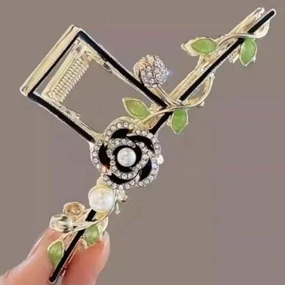 Green Leaf Camellia Design Hair Claw Clip Gold-Black-Green - Picture 4 of 4